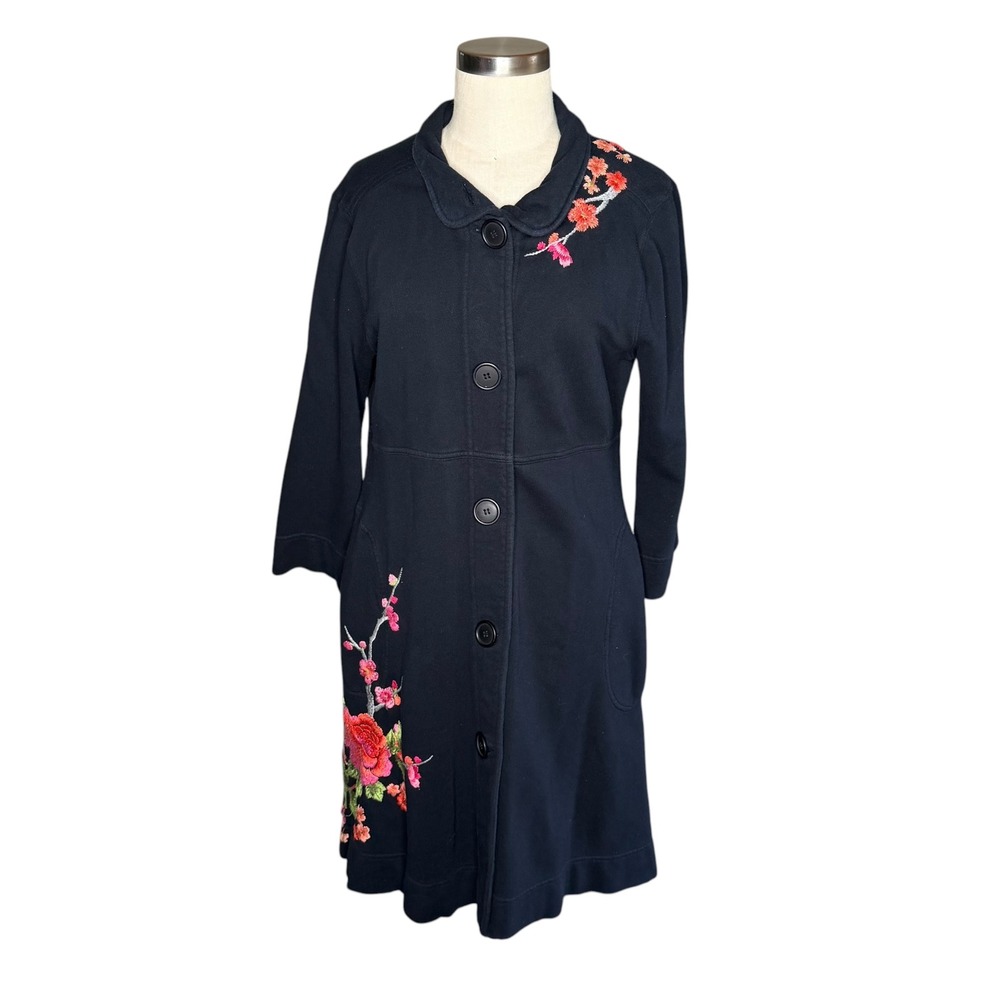 JOHNNY WAS Embroidered Floral Long Cardigan Black Women's Size Medium